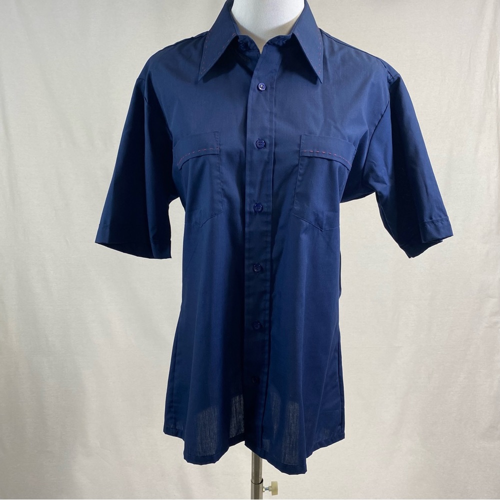 Vtg 70’s Kingsport Cotton Navy Blue Red Trim Short Sleeve Rockabilly Shirt M